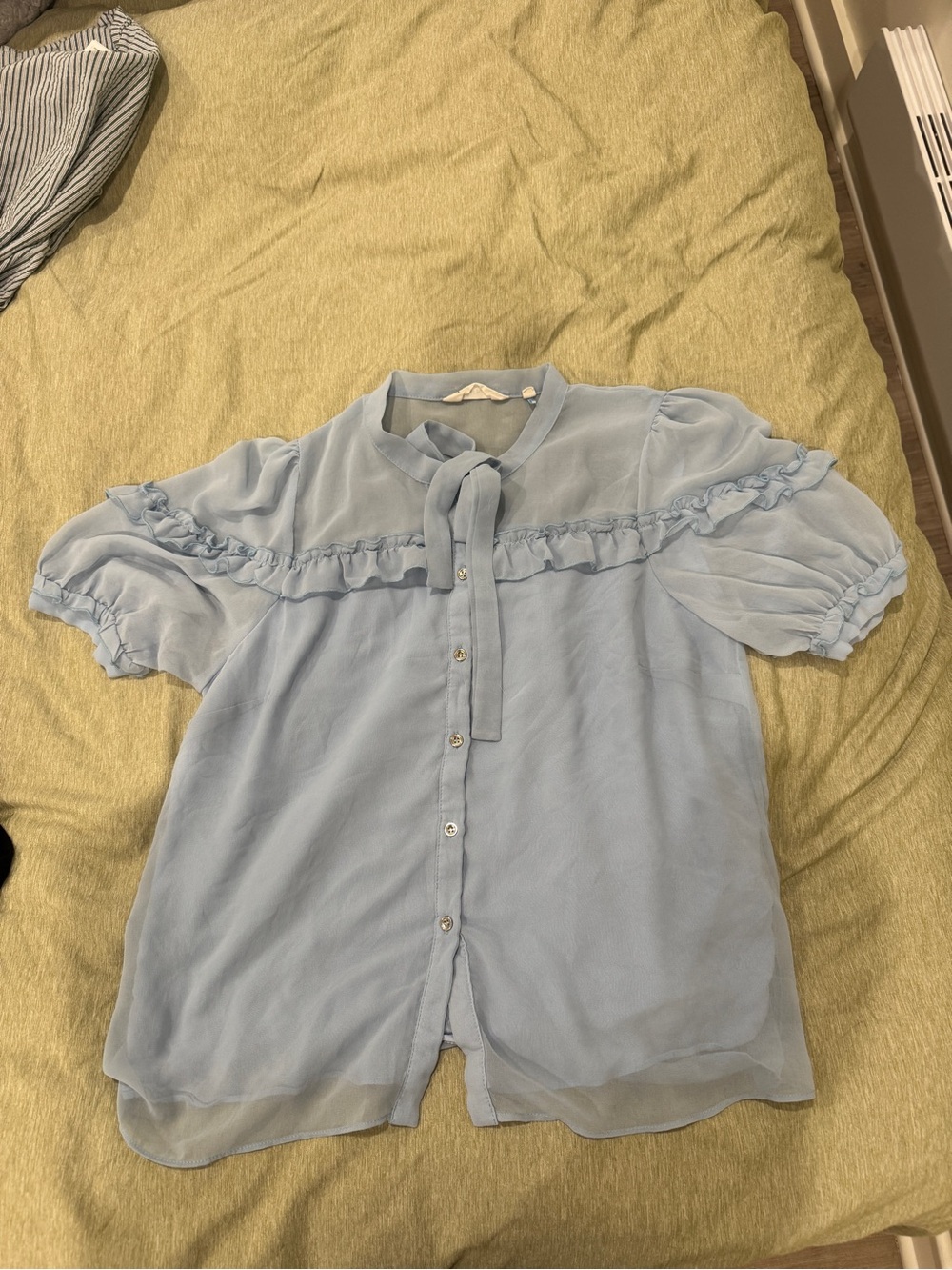 NAF NAF Light Blue Ruffle Tie-Neck Blouse